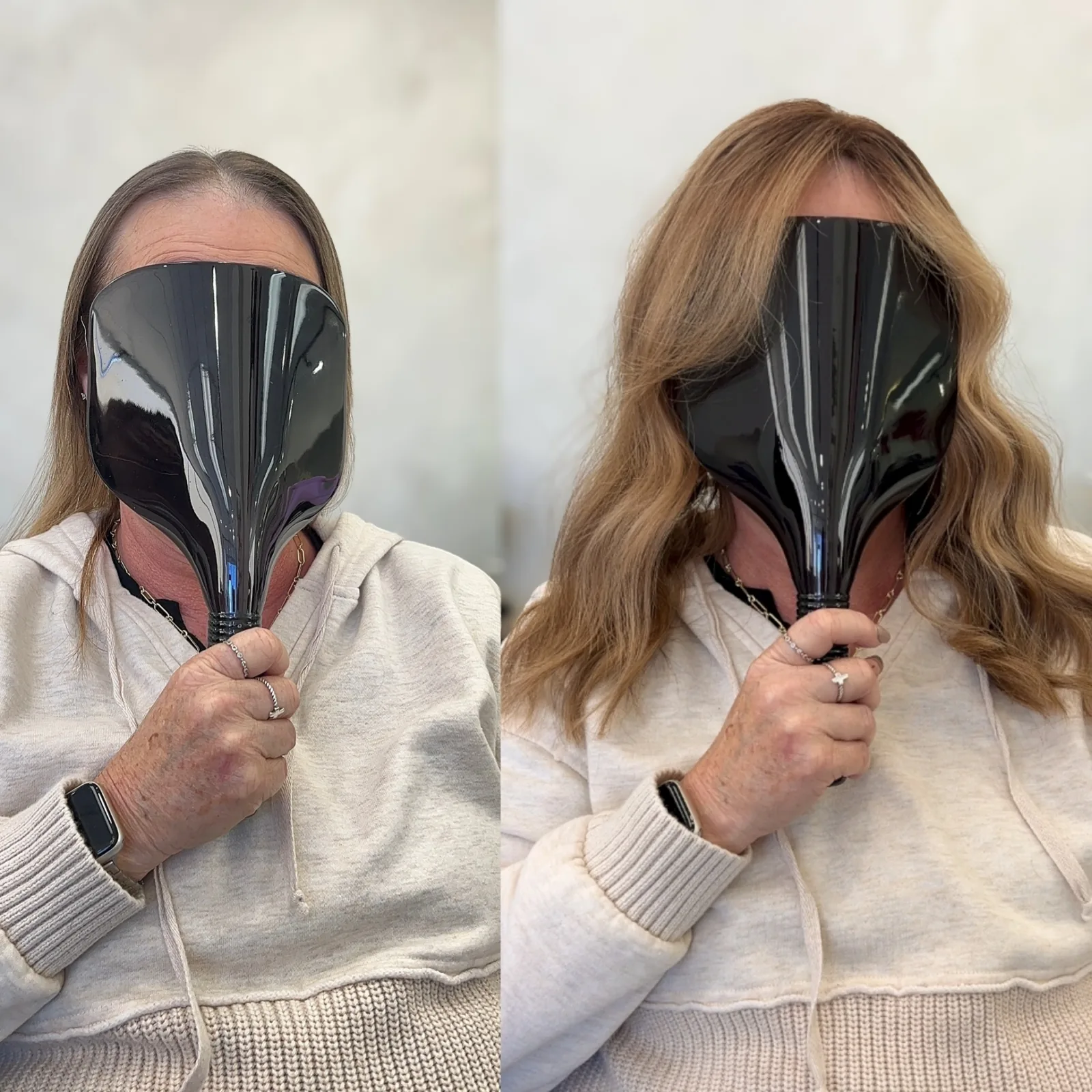 Before and after hair integration system restoring crown density and coverage on diffuse thinning — Infinite Hair Studio, Baton Rouge LA