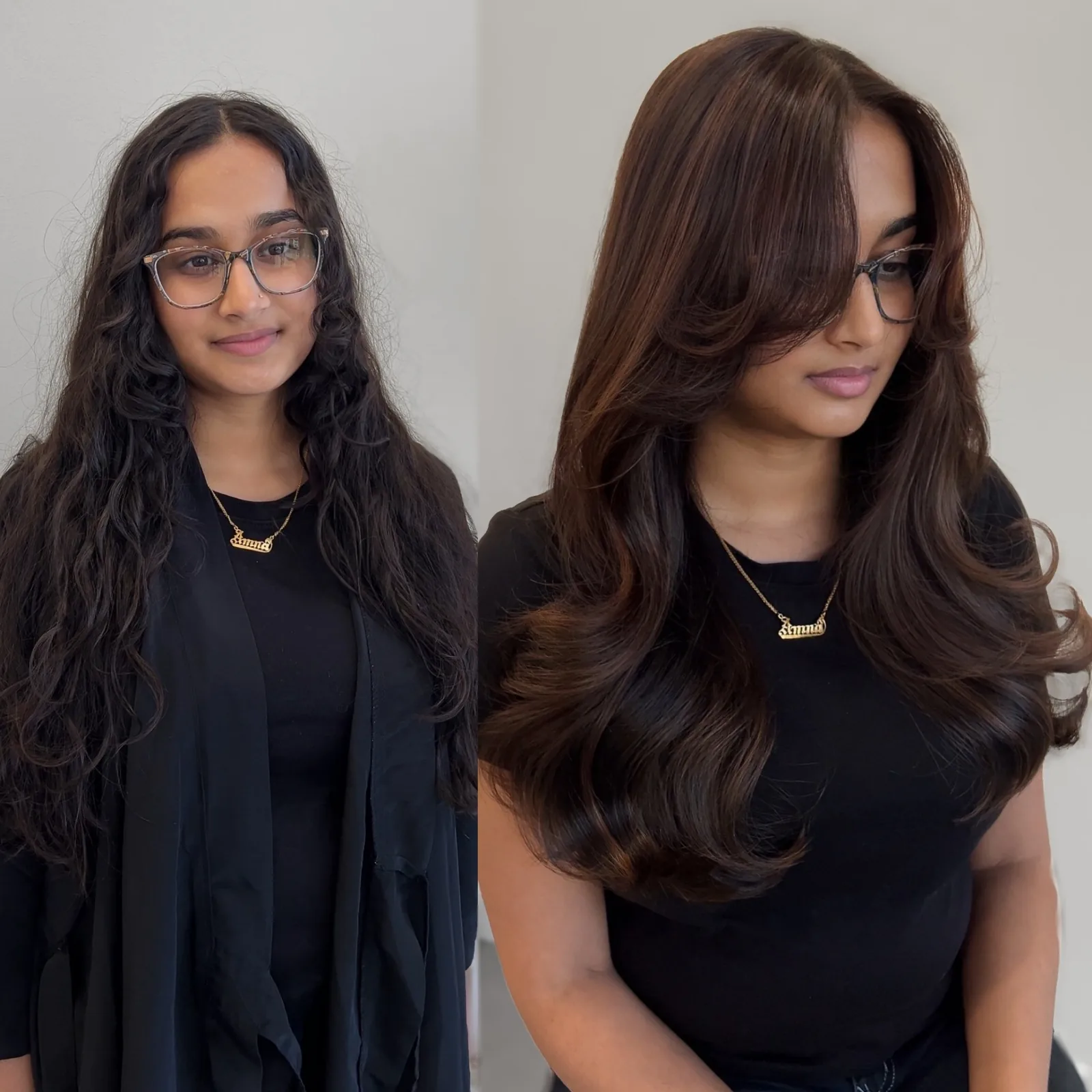 Rich chocolate brunette gloss with glossy voluminous blowout styling — hair color by Infinite Hair Studio, Baton Rouge LA