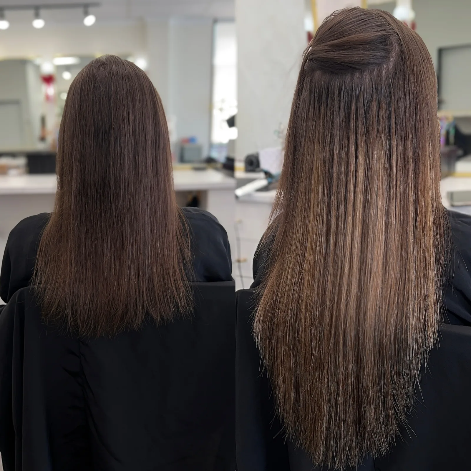 Brunette half-up style showcasing invisible i-tip extensions, Baton Rouge — @infinitehairstudiobr