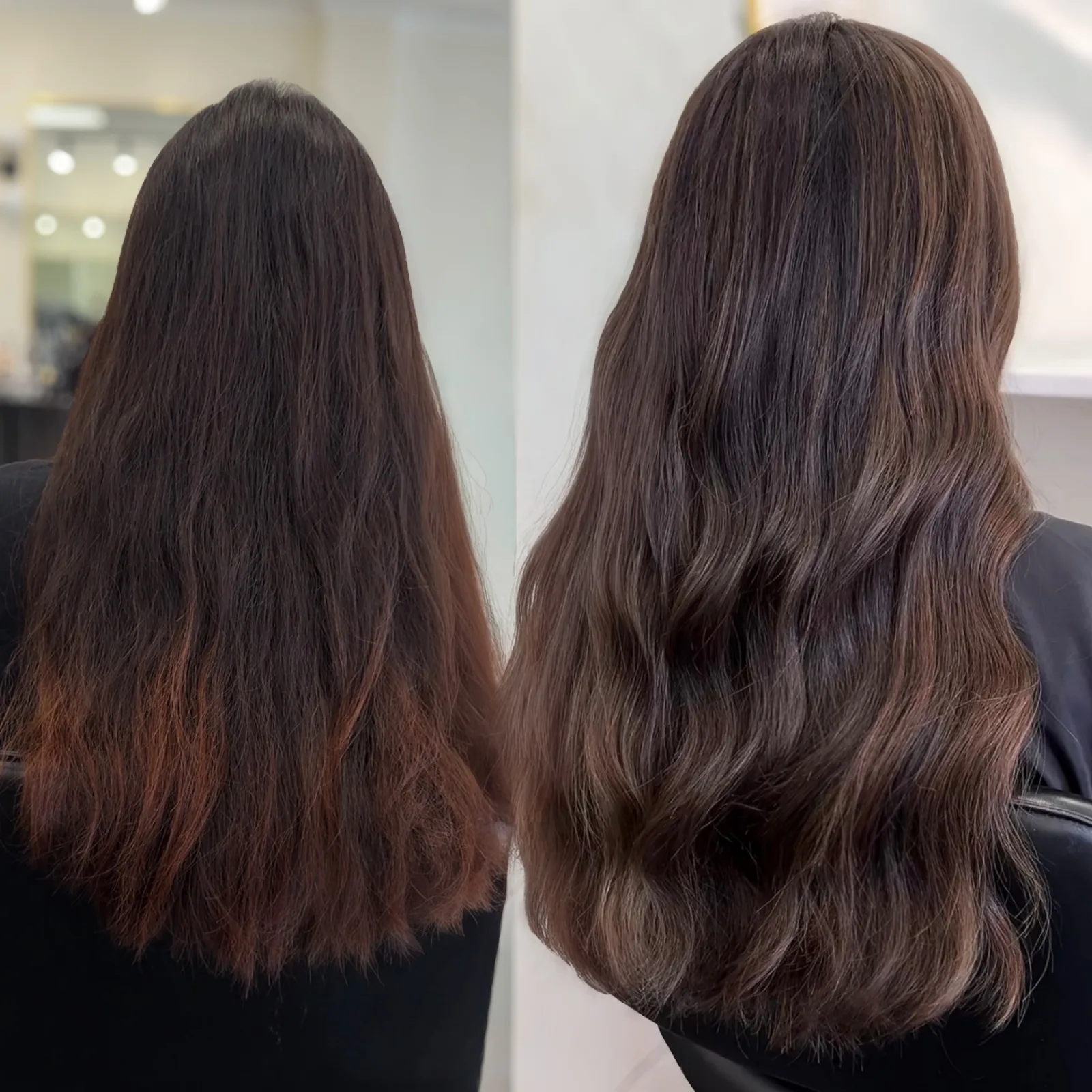 Before and after brunette gloss treatment with smooth voluminous blowout — hair color by Infinite Hair Studio, Baton Rouge LA