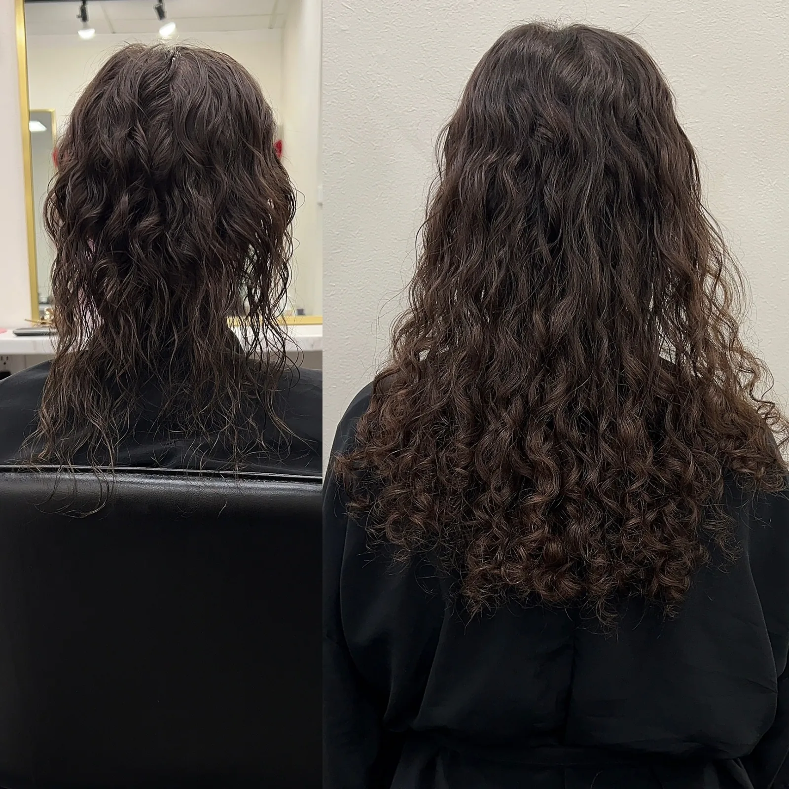 Before and after curly hair restoration with hydrating gloss treatment defining spiral curls — Infinite Hair Studio, Baton Rouge LA
