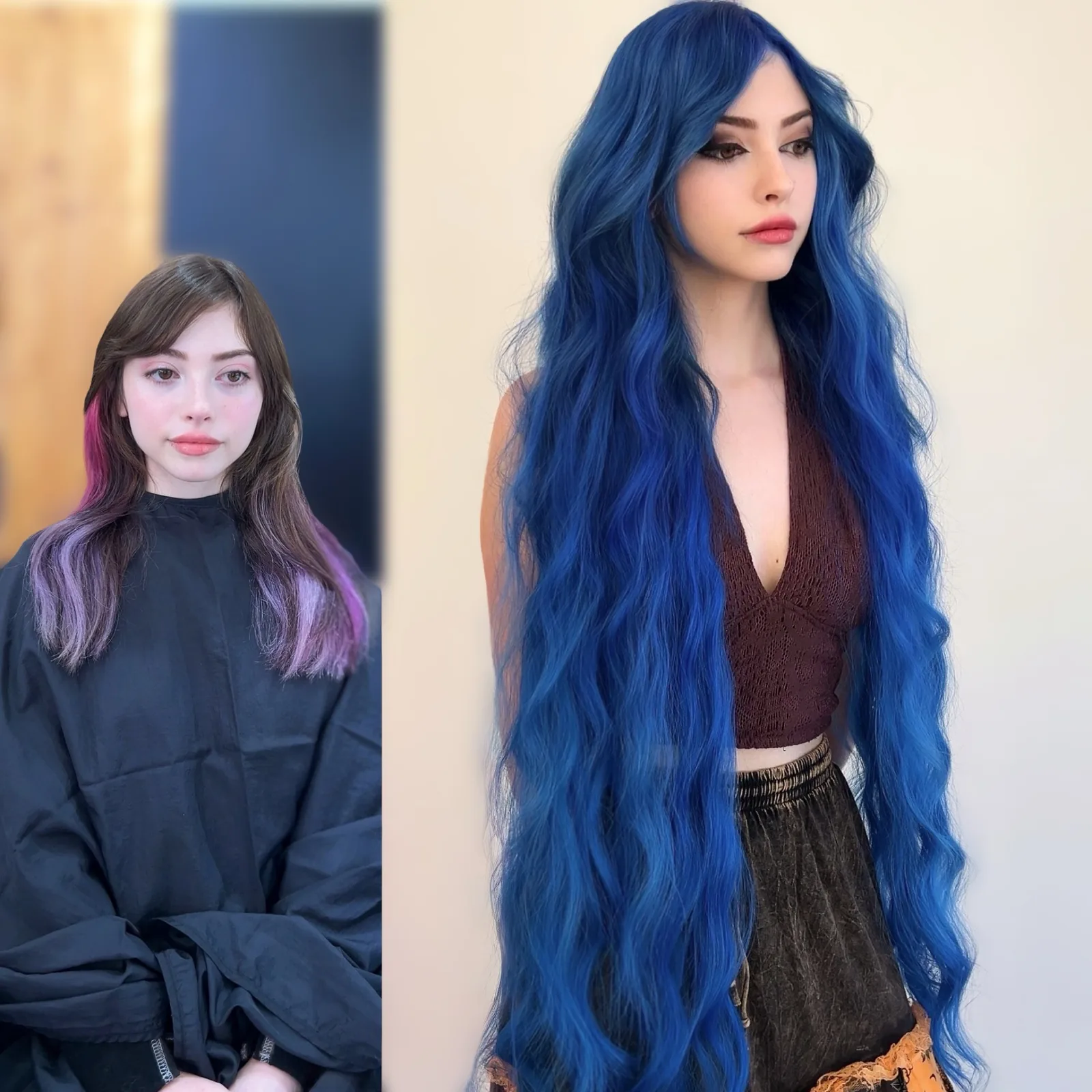 Before and after sapphire blue vivid color transformation with hand-tied extensions for extra length — Infinite Hair Studio, Baton Rouge LA